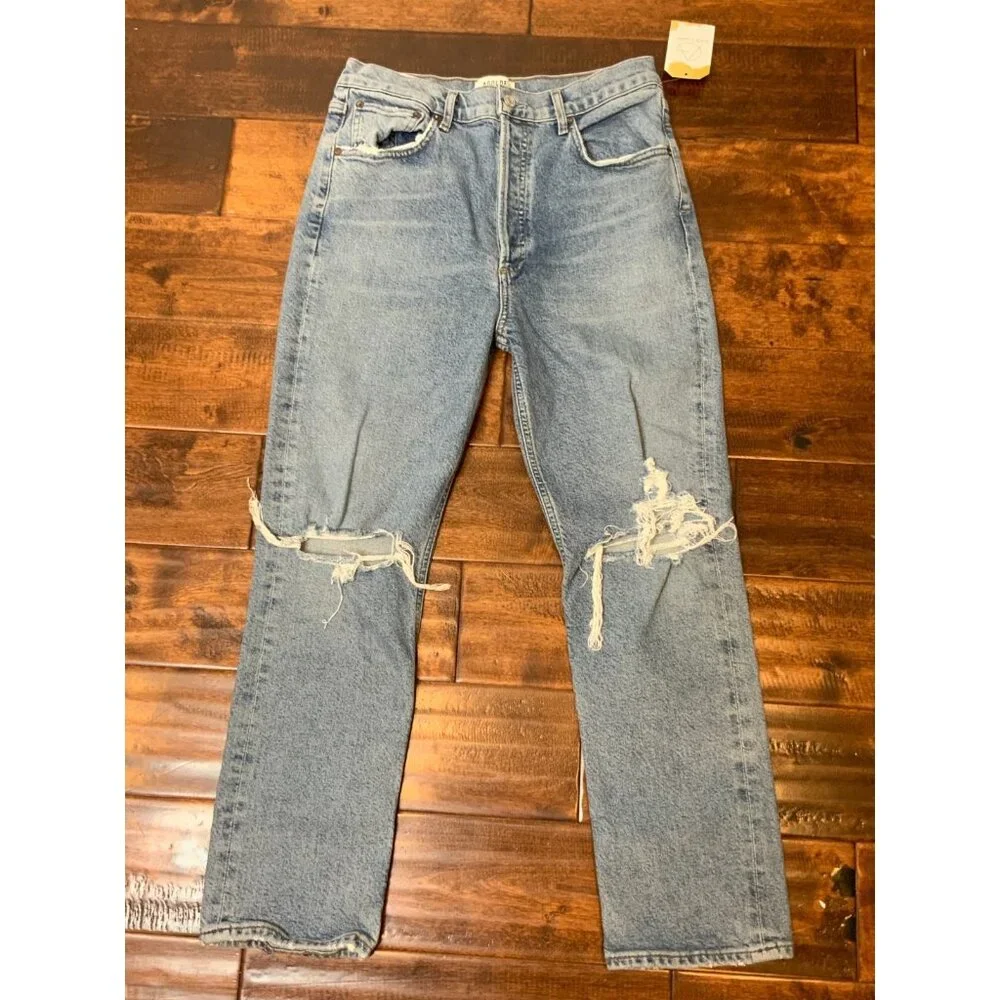 AGOLDE Light Wash Riley High Rise Straight Crop Distressed Blue Jeans, Size 29